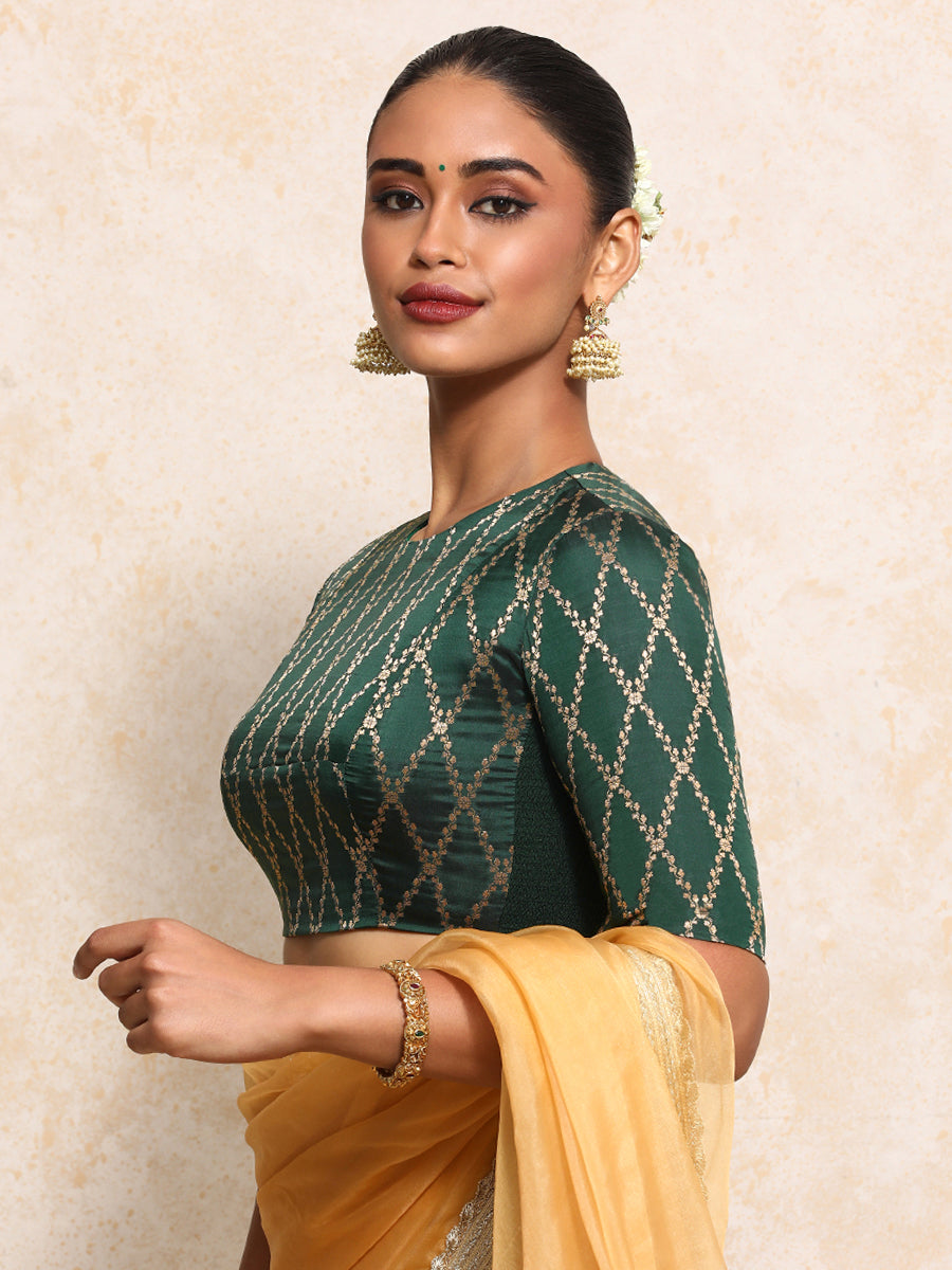 Reena x Tyohaar Saree Blouse, in Green Viscose Silk Brocade, featuring elbow sleeves and jewel neckline (view 7).