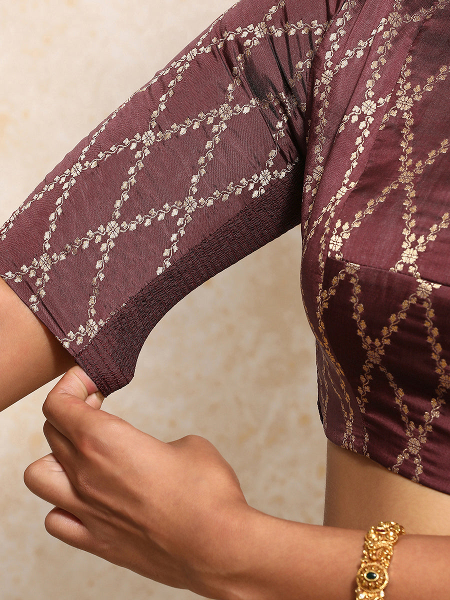 Reena x Tyohaar Saree Blouse, in Maroon Viscose Silk Brocade, featuring elbow sleeves and jewel neckline (view 4).
