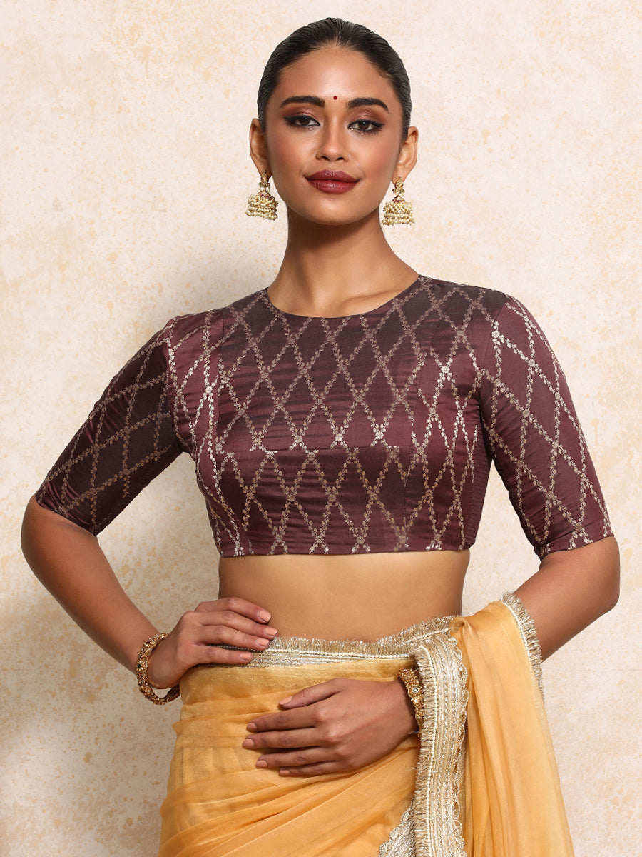 Reena x Tyohaar Saree Blouse, in Maroon Viscose Silk Brocade, featuring elbow sleeves and jewel neckline (view 5).