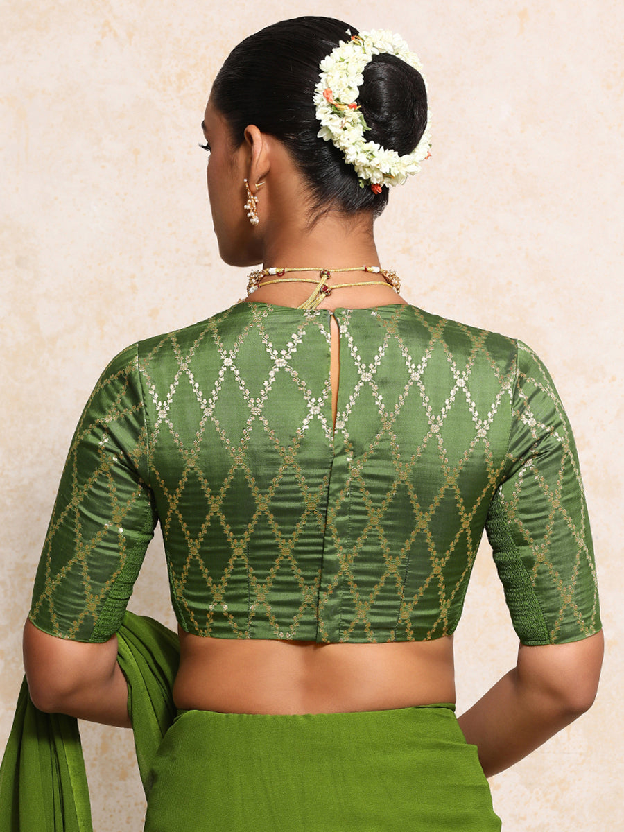 Reena x Tyohaar Saree Blouse, in Green Viscose Silk Brocade, featuring elbow sleeves and jewel neckline (view 2).