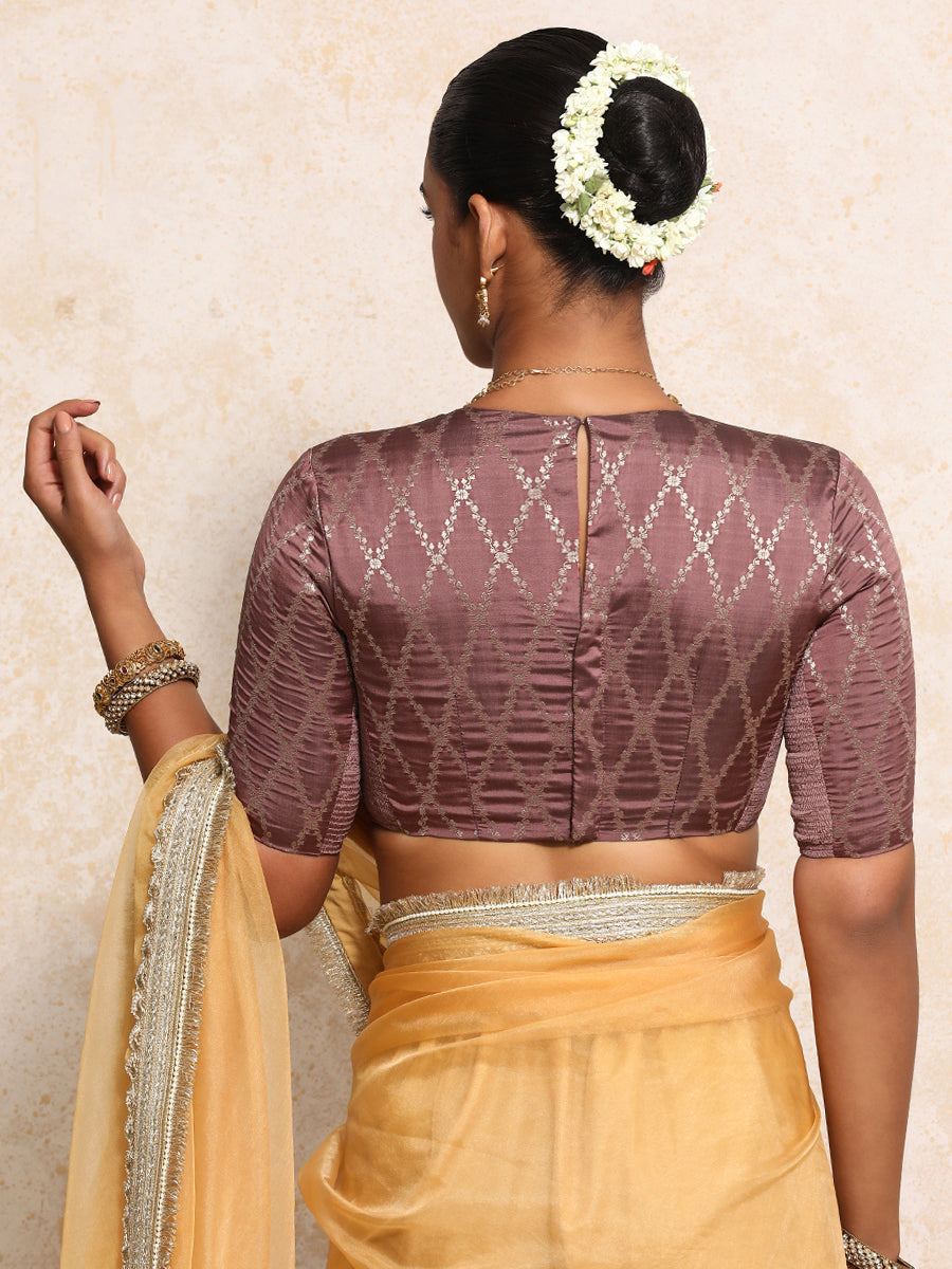 Reena x Tyohaar Saree Blouse, in Pink Viscose Silk Brocade, featuring elbow sleeves and jewel neckline (view 2).