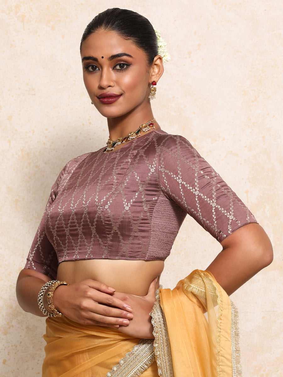 Reena x Tyohaar Saree Blouse, in Pink Viscose Silk Brocade, featuring elbow sleeves and jewel neckline (view 5).