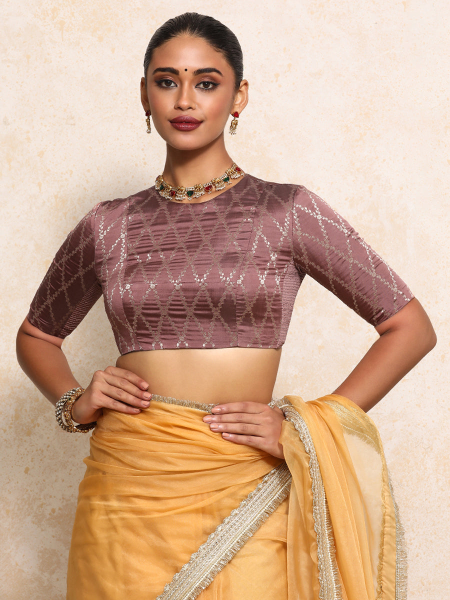 Reena x Tyohaar Saree Blouse, in Pink Viscose Silk Brocade, featuring elbow sleeves and jewel neckline (view 6).