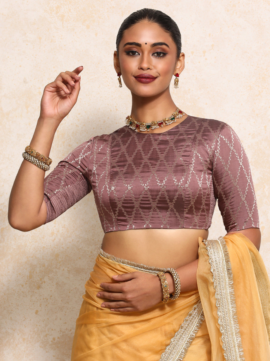 Reena x Tyohaar Saree Blouse, in Pink Viscose Silk Brocade, featuring elbow sleeves and jewel neckline (view 7).