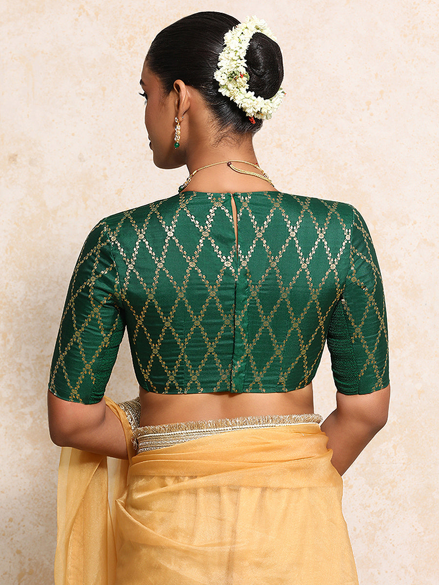 Reena x Tyohaar Saree Blouse, in Green Viscose Silk Brocade, featuring elbow sleeves and jewel neckline (view 2).