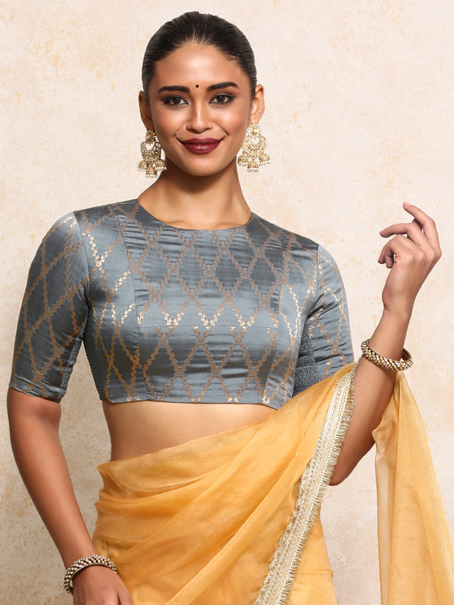 Reena x Tyohaar Saree Blouse, in Grey Viscose Silk Brocade, featuring elbow sleeves and jewel neckline (view 5).