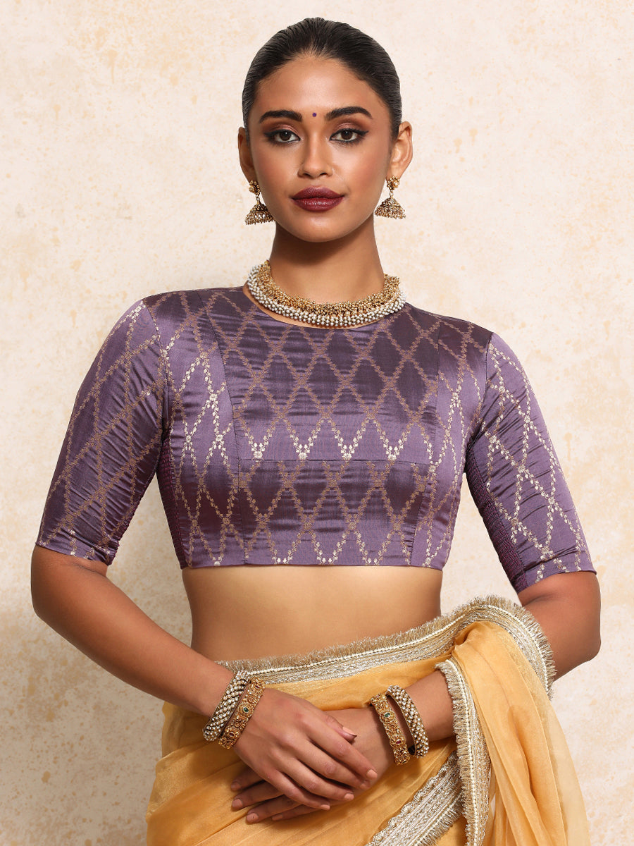 Reena x Tyohaar Saree Blouse, in Purple Viscose Silk Brocade, featuring elbow sleeves and jewel neckline (view 5).