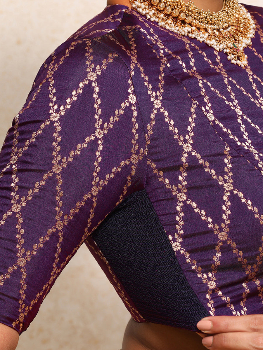 Reena x Tyohaar Saree Blouse, in Purple Viscose Silk Brocade, featuring elbow sleeves and jewel neckline (view 3).