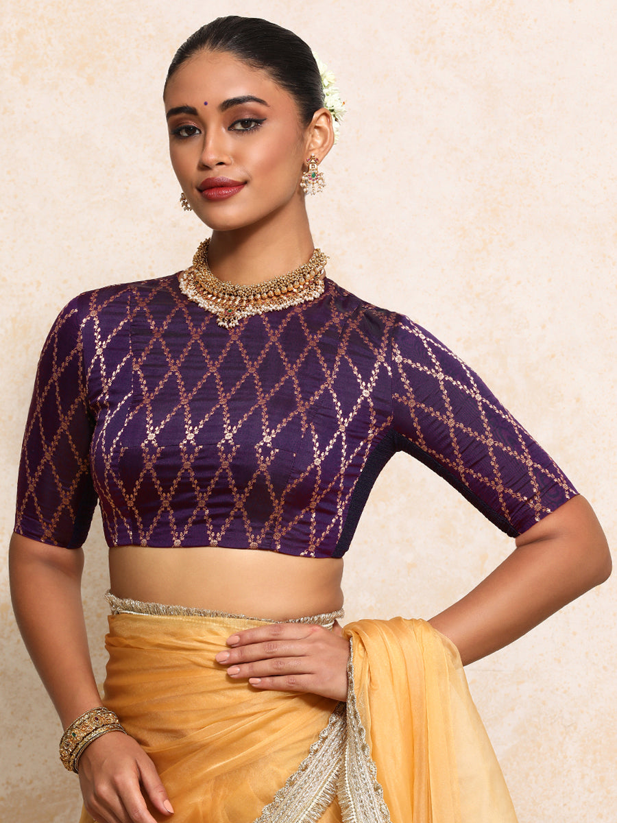 Reena x Tyohaar Saree Blouse, in Purple Viscose Silk Brocade, featuring elbow sleeves and jewel neckline (view 7).