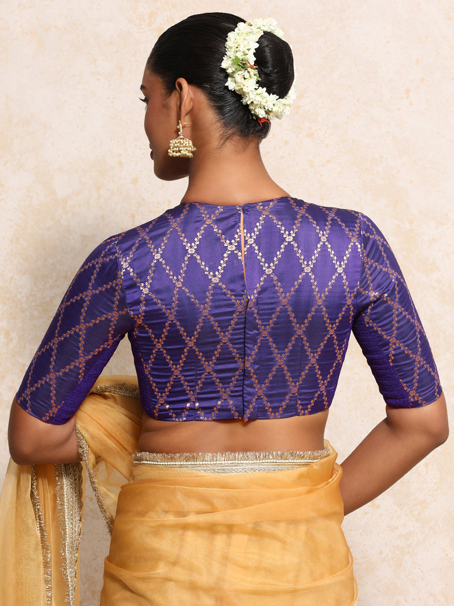 Reena x Tyohaar Saree Blouse, in Purple Viscose Silk Brocade, featuring elbow sleeves and jewel neckline (view 2).