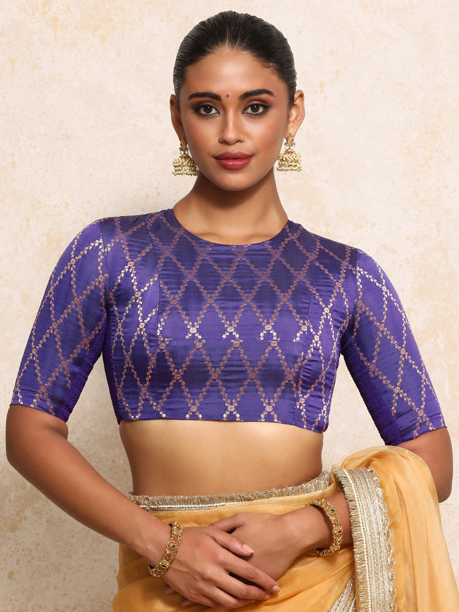 Reena x Tyohaar Saree Blouse, in Purple Viscose Silk Brocade, featuring elbow sleeves and jewel neckline (view 5).