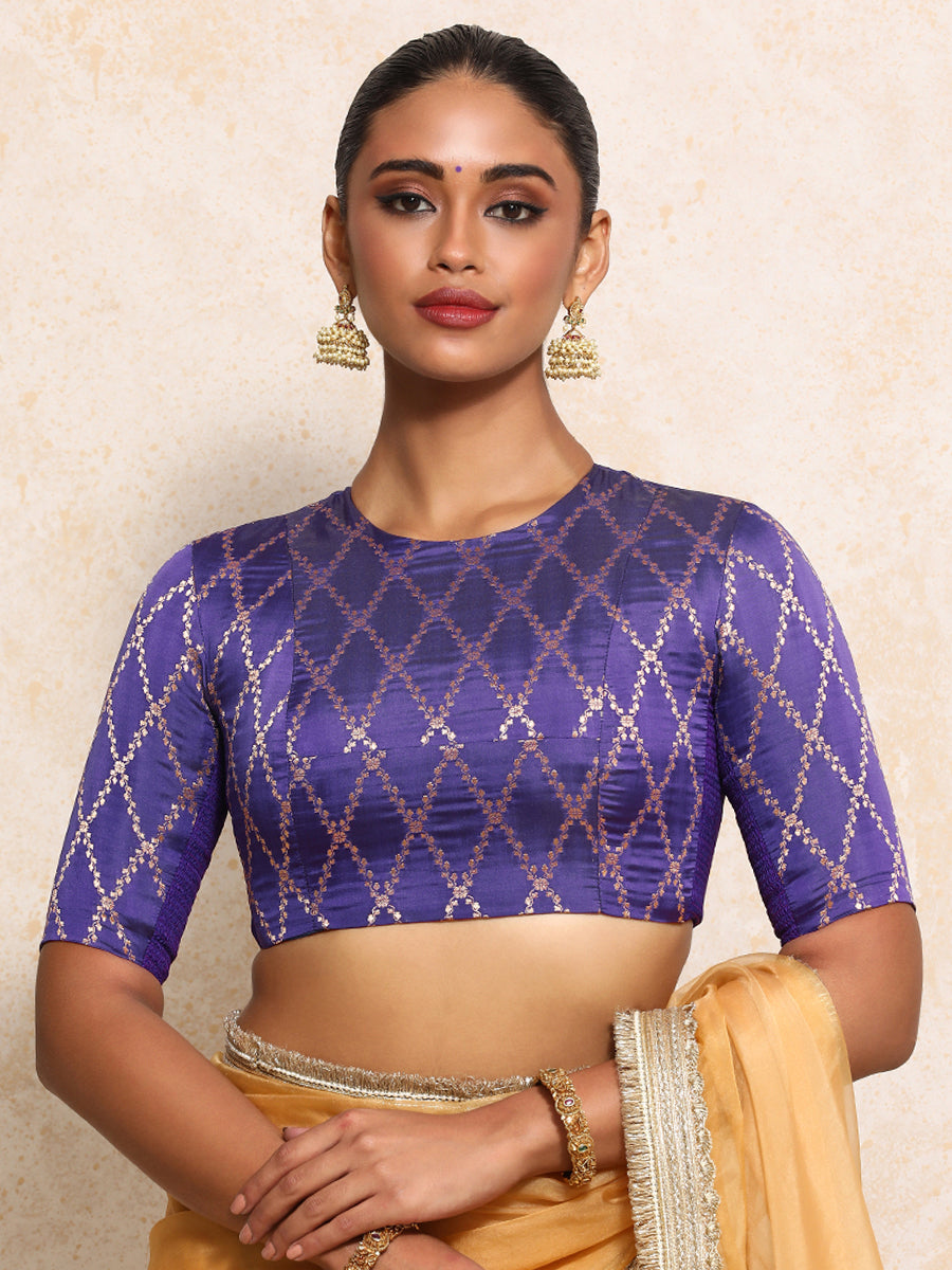 Reena x Tyohaar Saree Blouse, in Purple Viscose Silk Brocade, featuring elbow sleeves and jewel neckline (view 6).