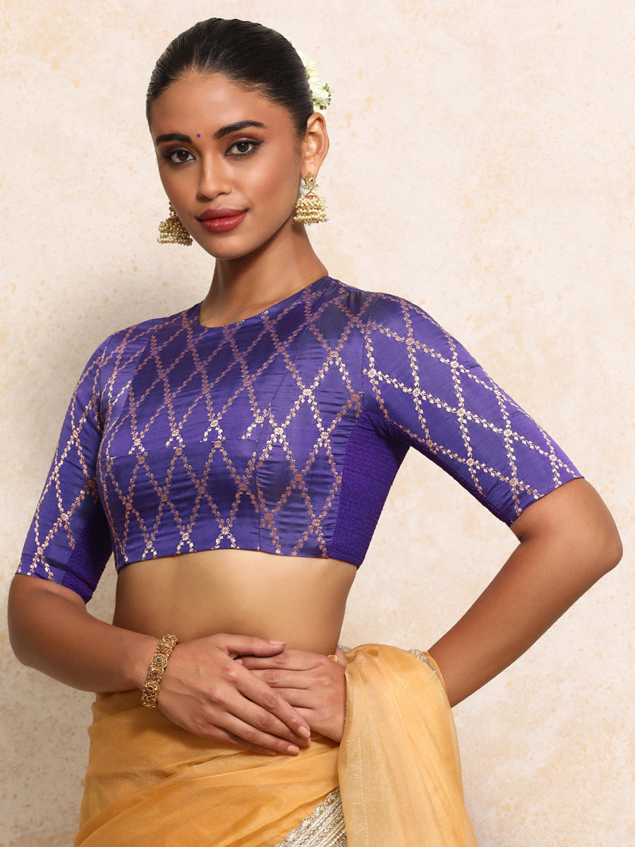 Reena x Tyohaar Saree Blouse, in Purple Viscose Silk Brocade, featuring elbow sleeves and jewel neckline (view 7).