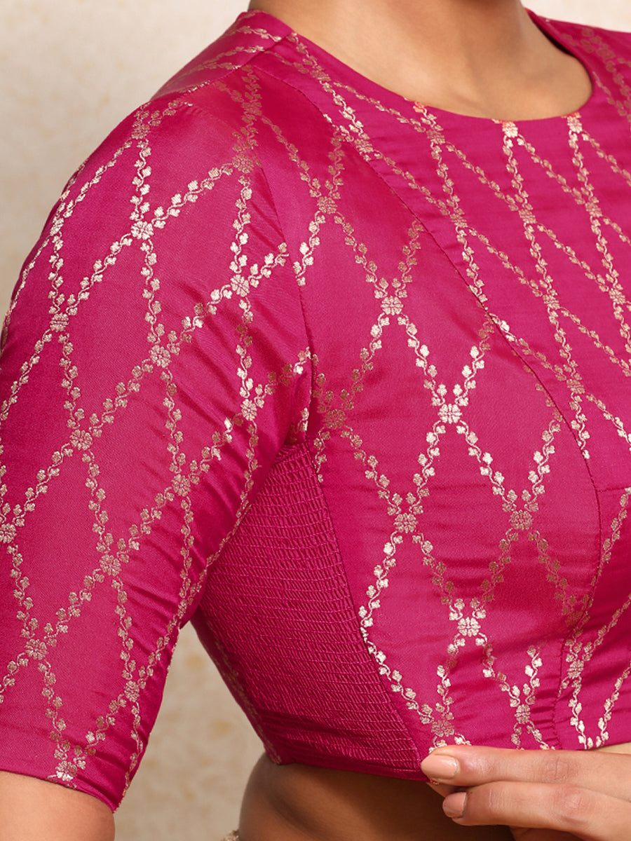 Reena x Tyohaar Saree Blouse, in Pink Viscose Silk Brocade, featuring elbow sleeves and jewel neckline (view 3).
