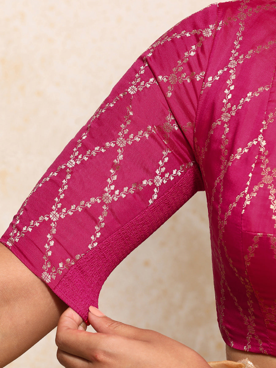 Reena x Tyohaar Saree Blouse, in Pink Viscose Silk Brocade, featuring elbow sleeves and jewel neckline (view 4).