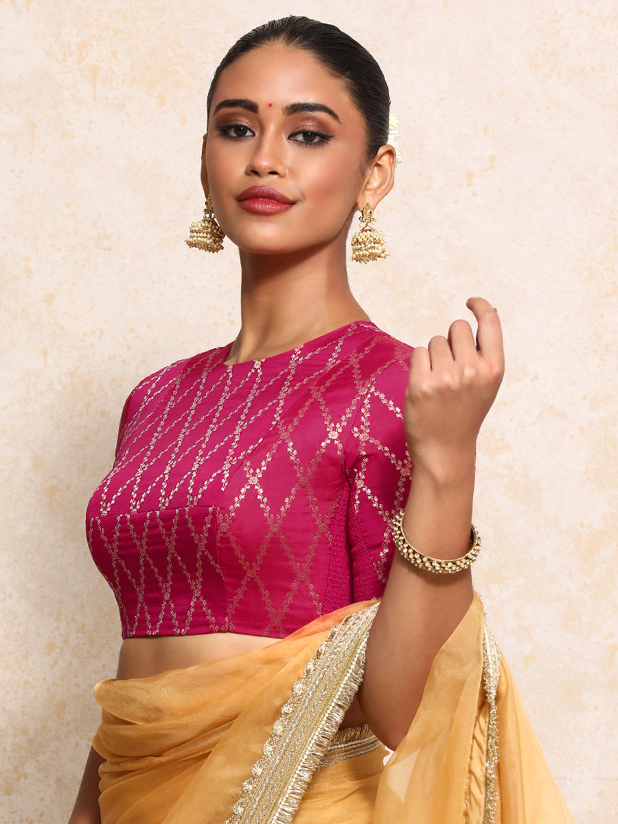 Reena x Tyohaar Saree Blouse, in Pink Viscose Silk Brocade, featuring elbow sleeves and jewel neckline (view 6).