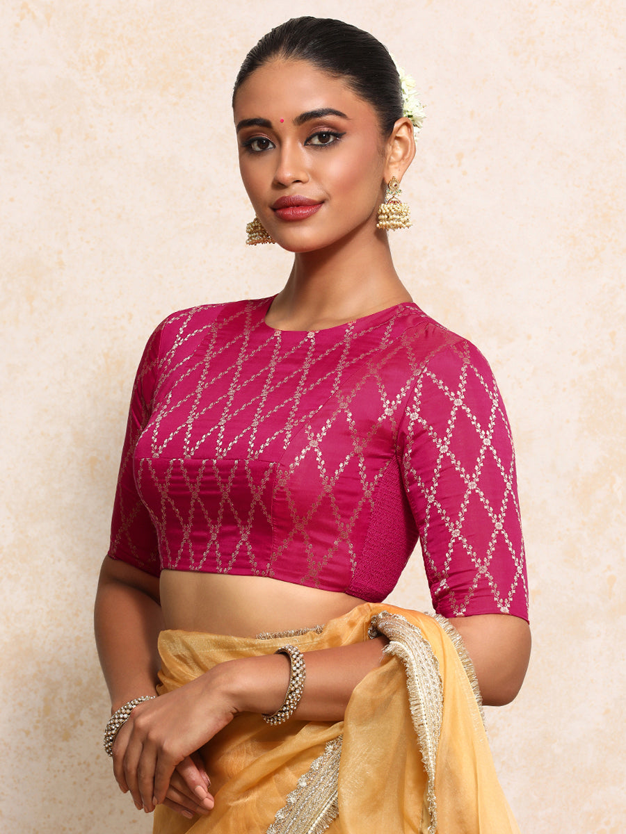 Reena x Tyohaar Saree Blouse, in Pink Viscose Silk Brocade, featuring elbow sleeves and jewel neckline (view 7).
