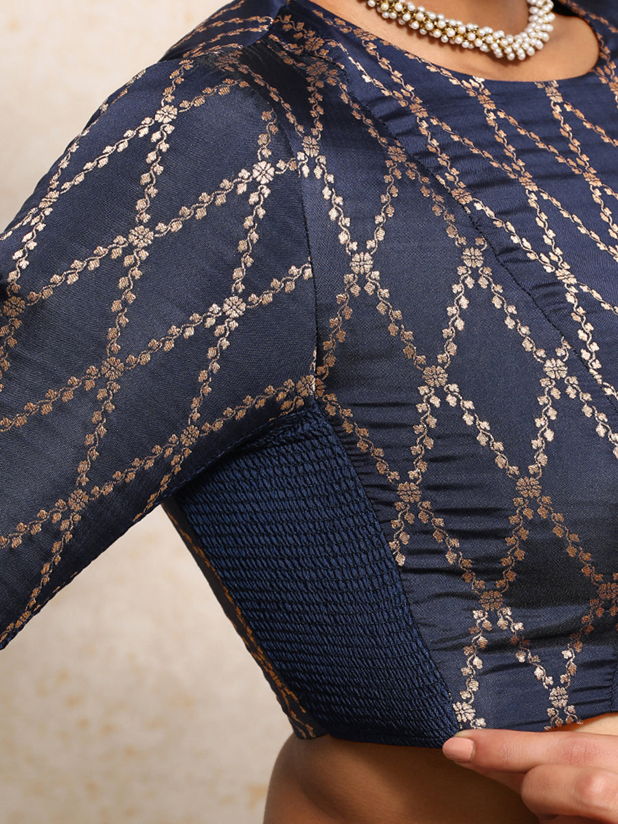 Reena x Tyohaar Saree Blouse, in Blue Viscose Silk Brocade, featuring elbow sleeves and jewel neckline (view 3).