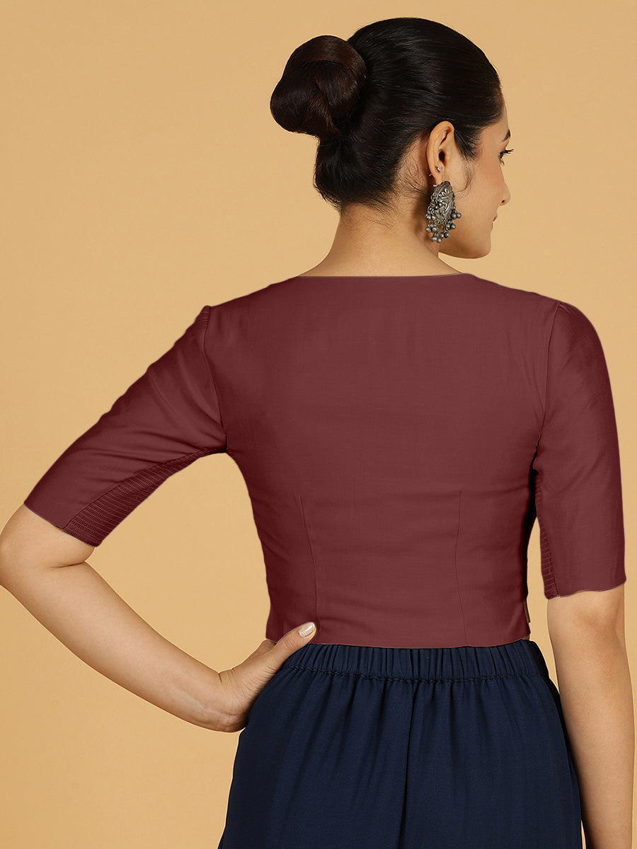 Rekha x Rozaana Saree Blouse, in Maroon Viscose, featuring elbow sleeves and round neckline, made for daily & work (view 2).