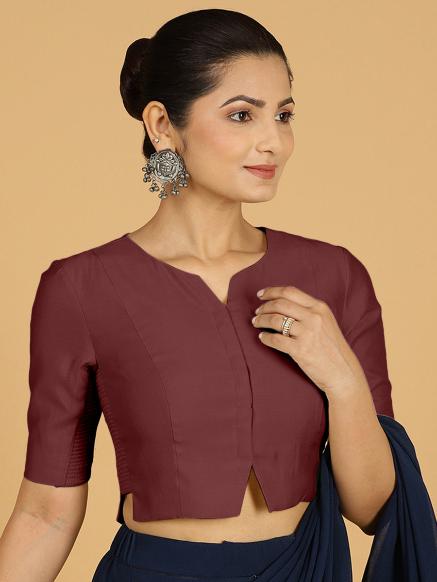 Rekha x Rozaana Saree Blouse, in Maroon Viscose, featuring elbow sleeves and round neckline, made for daily & work (view 6).
