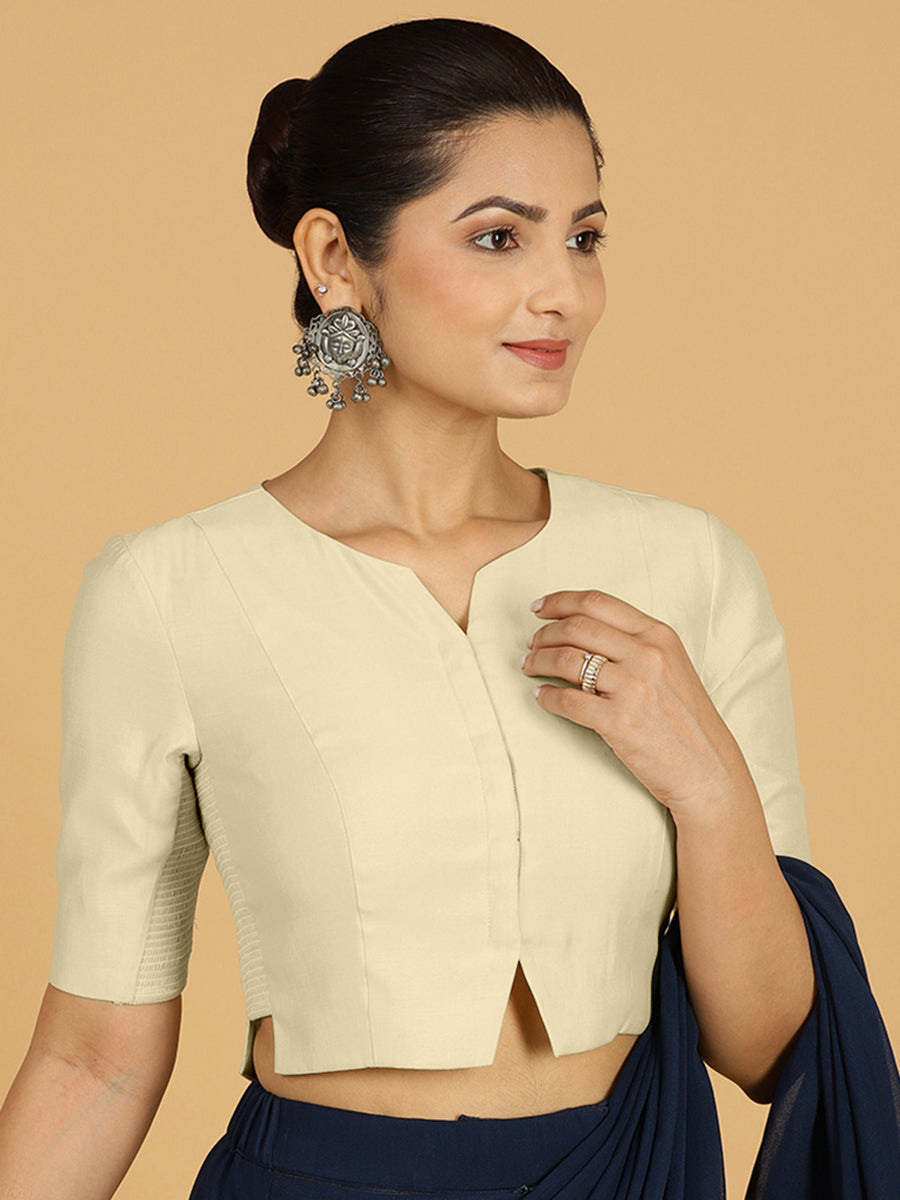Rekha x Rozaana Saree Blouse, in White Viscose, featuring elbow sleeves and round neckline, made for daily & work (view 7).