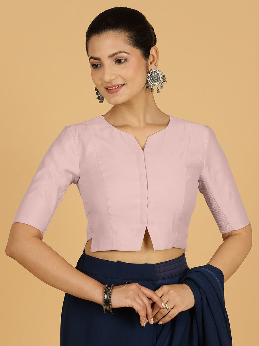 Rekha x Rozaana Saree Blouse, in Purple Viscose, featuring elbow sleeves and round neckline, made for daily & work.