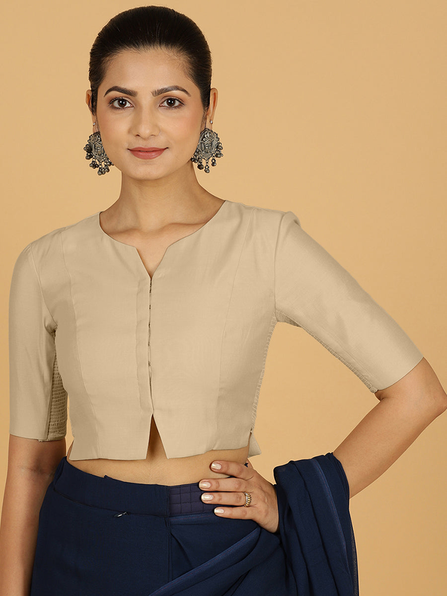 Rekha x Rozaana Saree Blouse, in Grey Viscose, featuring elbow sleeves and round neckline, made for daily & work.