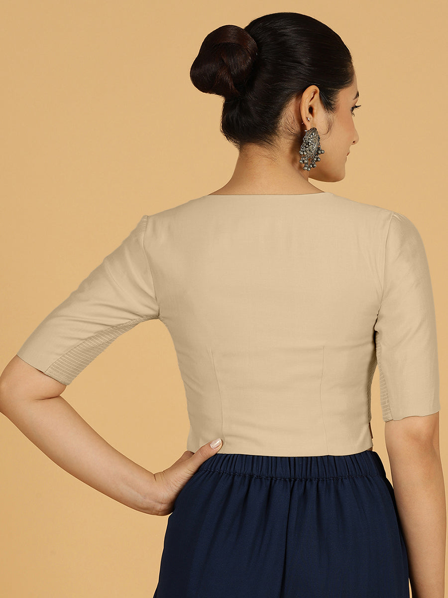 Rekha x Rozaana Saree Blouse, in Grey Viscose, featuring elbow sleeves and round neckline, made for daily & work (view 2).