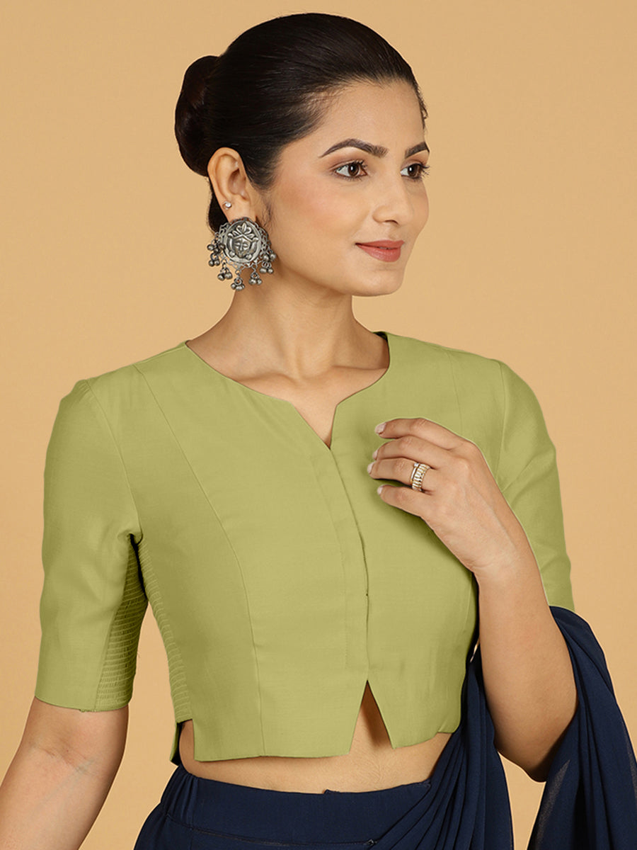 Rekha x Rozaana Saree Blouse, in Green Viscose, featuring elbow sleeves and round neckline, made for daily & work (view 7).