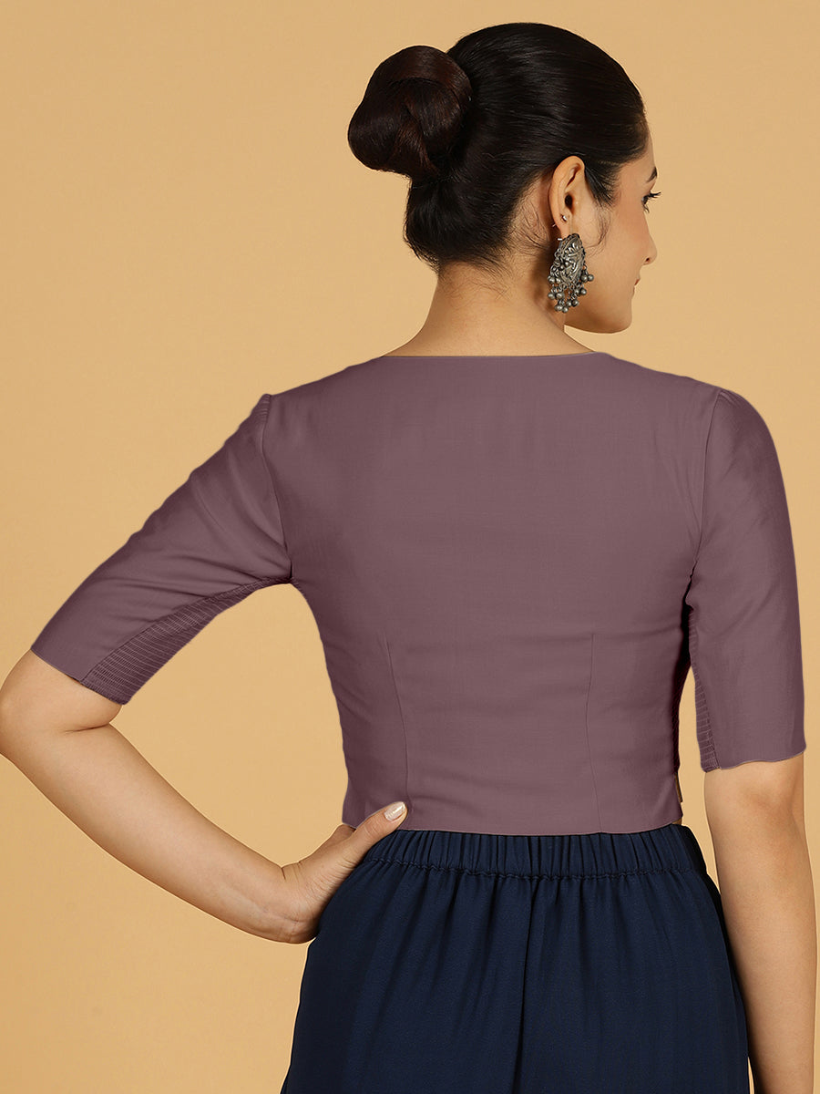 Rekha x Rozaana Saree Blouse, in Purple Viscose, featuring elbow sleeves and round neckline, made for daily & work (view 2).