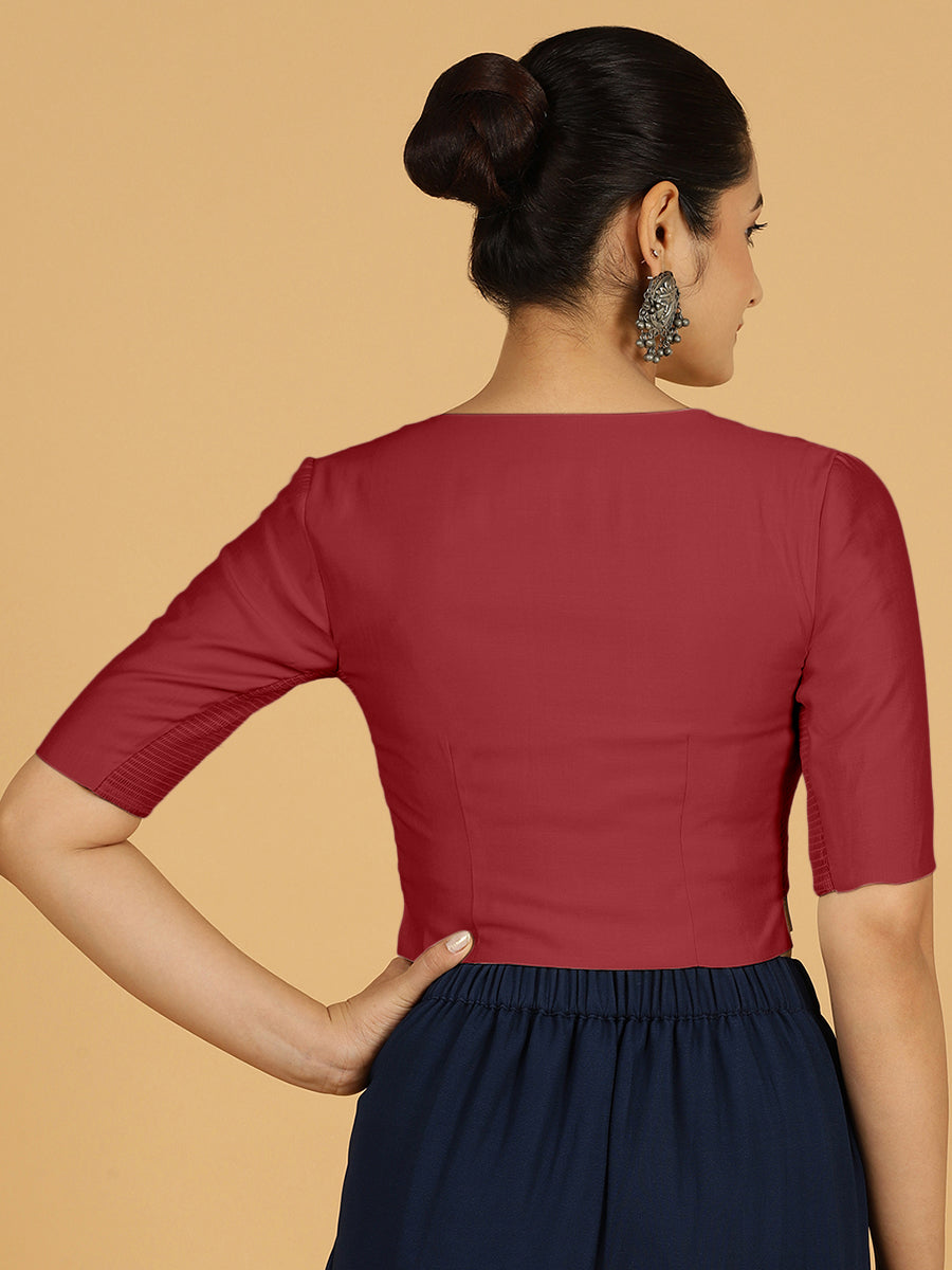Rekha x Rozaana Saree Blouse, in Red Viscose, featuring elbow sleeves and round neckline, made for daily & work (view 2).