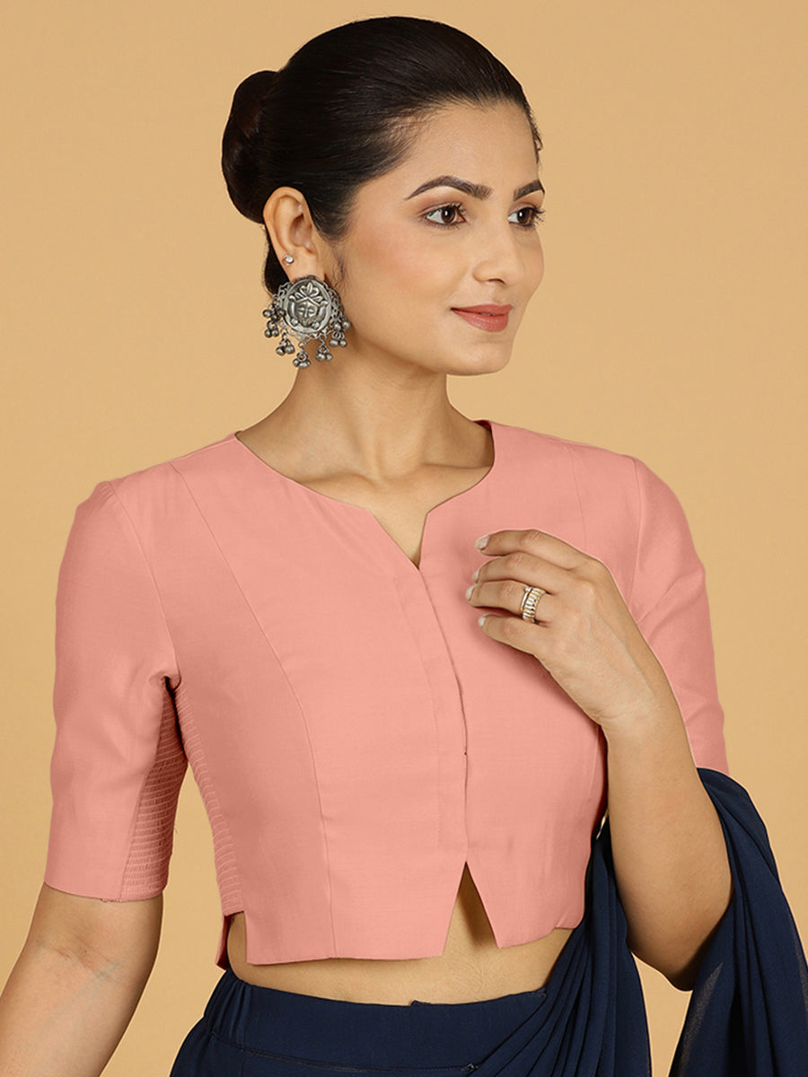 Rekha x Rozaana Saree Blouse, in Pink Viscose, featuring elbow sleeves and round neckline, made for daily & work.