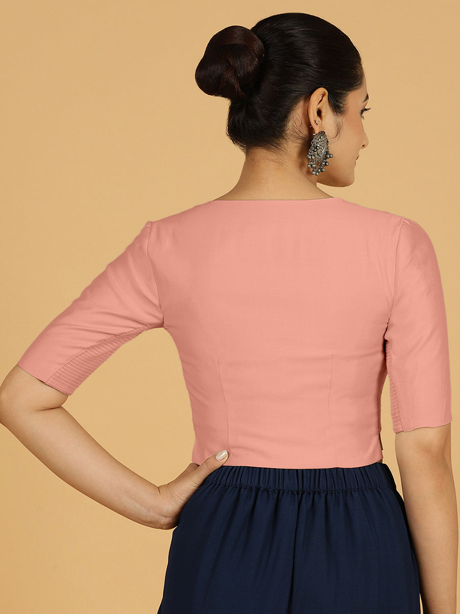 Rekha x Rozaana Saree Blouse, in Pink Viscose, featuring elbow sleeves and round neckline, made for daily & work (view 2).