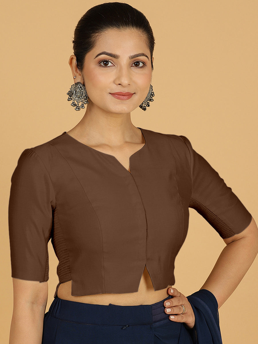 Rekha x Rozaana Saree Blouse, in Brown Viscose, featuring elbow sleeves and round neckline, made for daily & work.