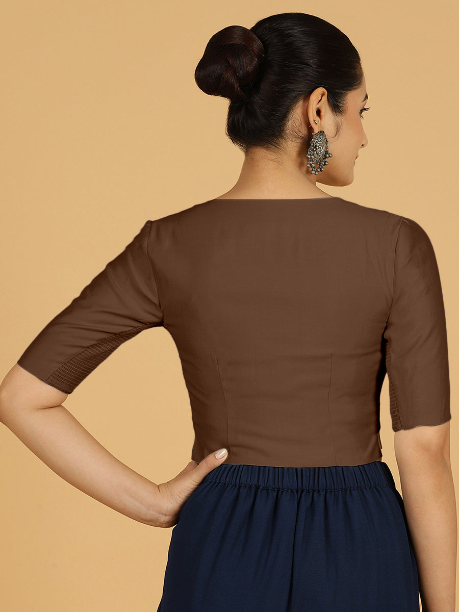 Rekha x Rozaana Saree Blouse, in Brown Viscose, featuring elbow sleeves and round neckline, made for daily & work (view 2).