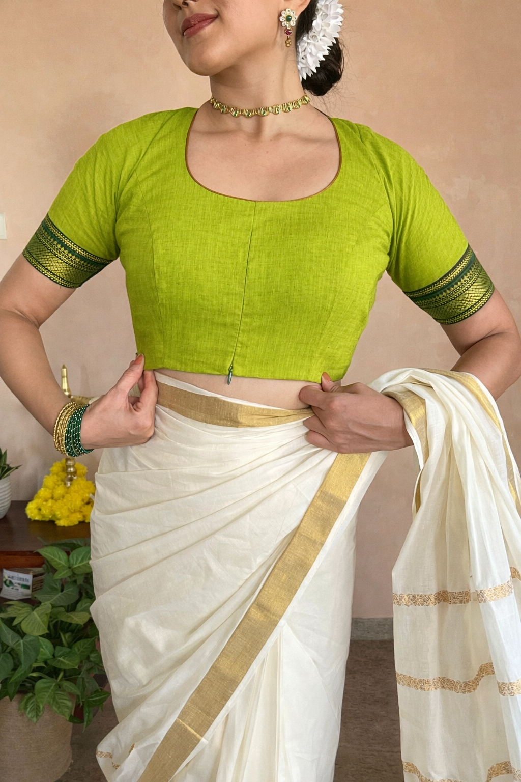 Revathi x Tyohaar Saree Blouse, in Green 100% Cotton - Mangalgiri, featuring elbow sleeves and round neckline.