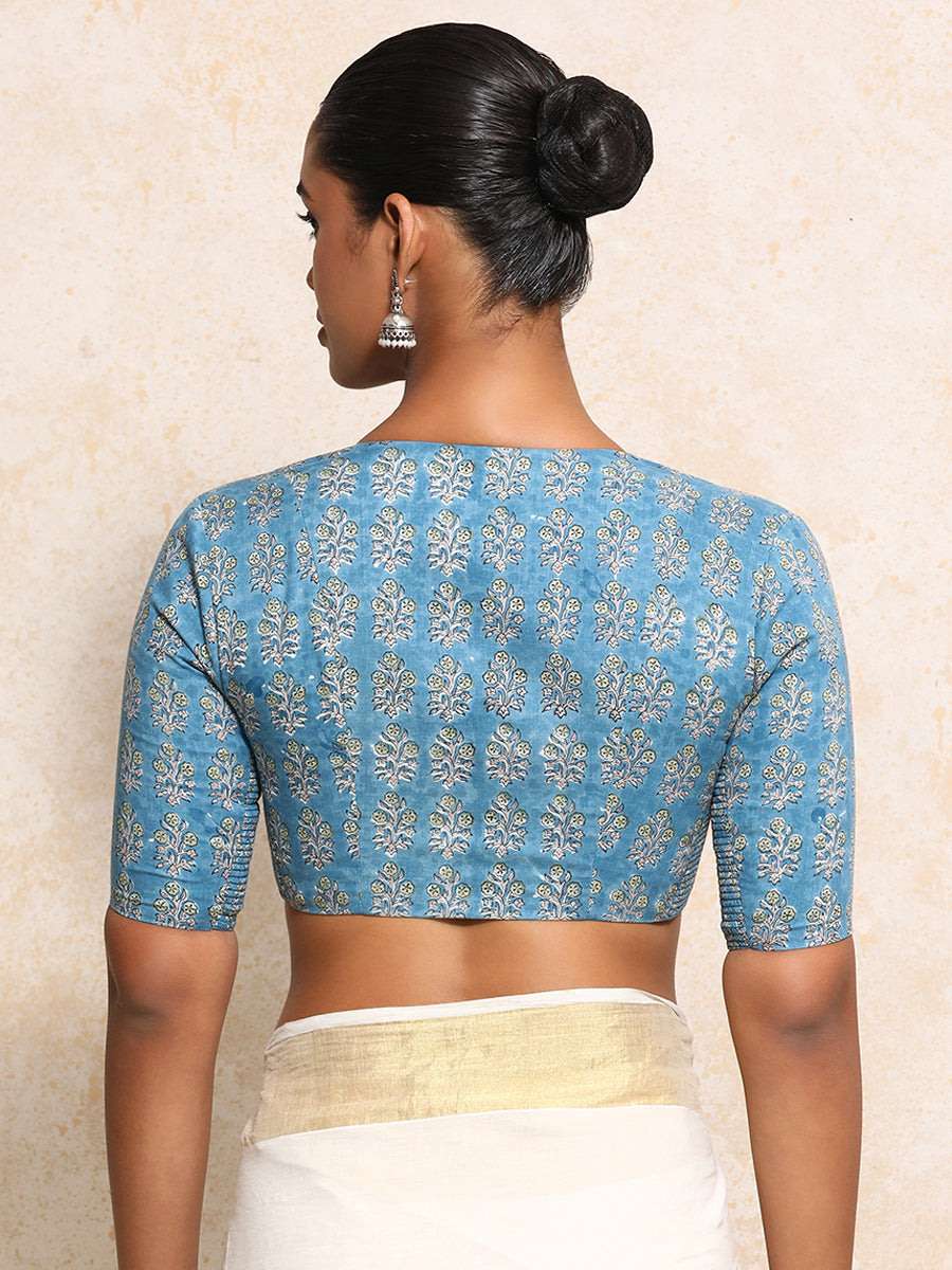 Richa x Rozaana Saree Blouse, in Blue 100% Cotton - Block Printed, featuring elbow sleeves and v-neckline (view 2).