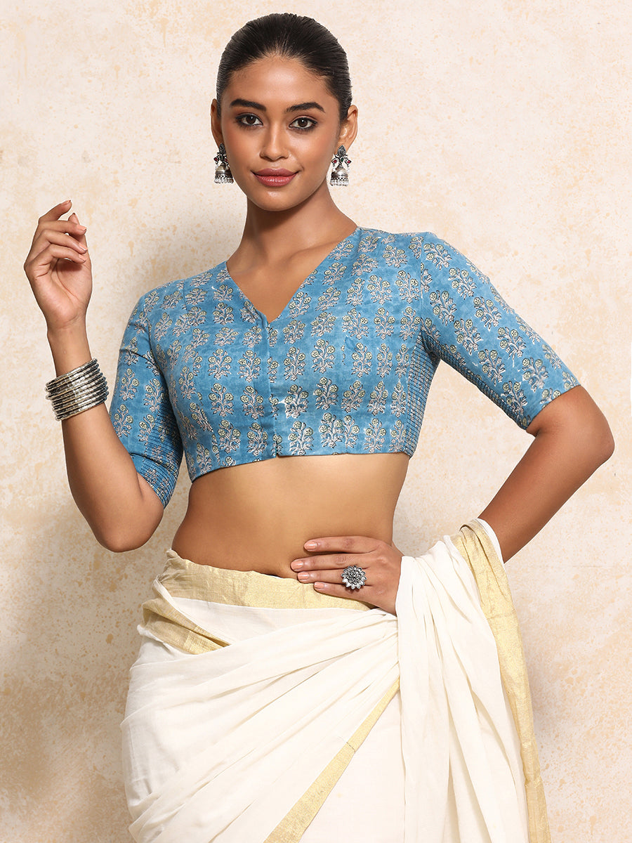 Richa x Rozaana Saree Blouse, in Blue 100% Cotton - Block Printed, featuring elbow sleeves and v-neckline (view 6).