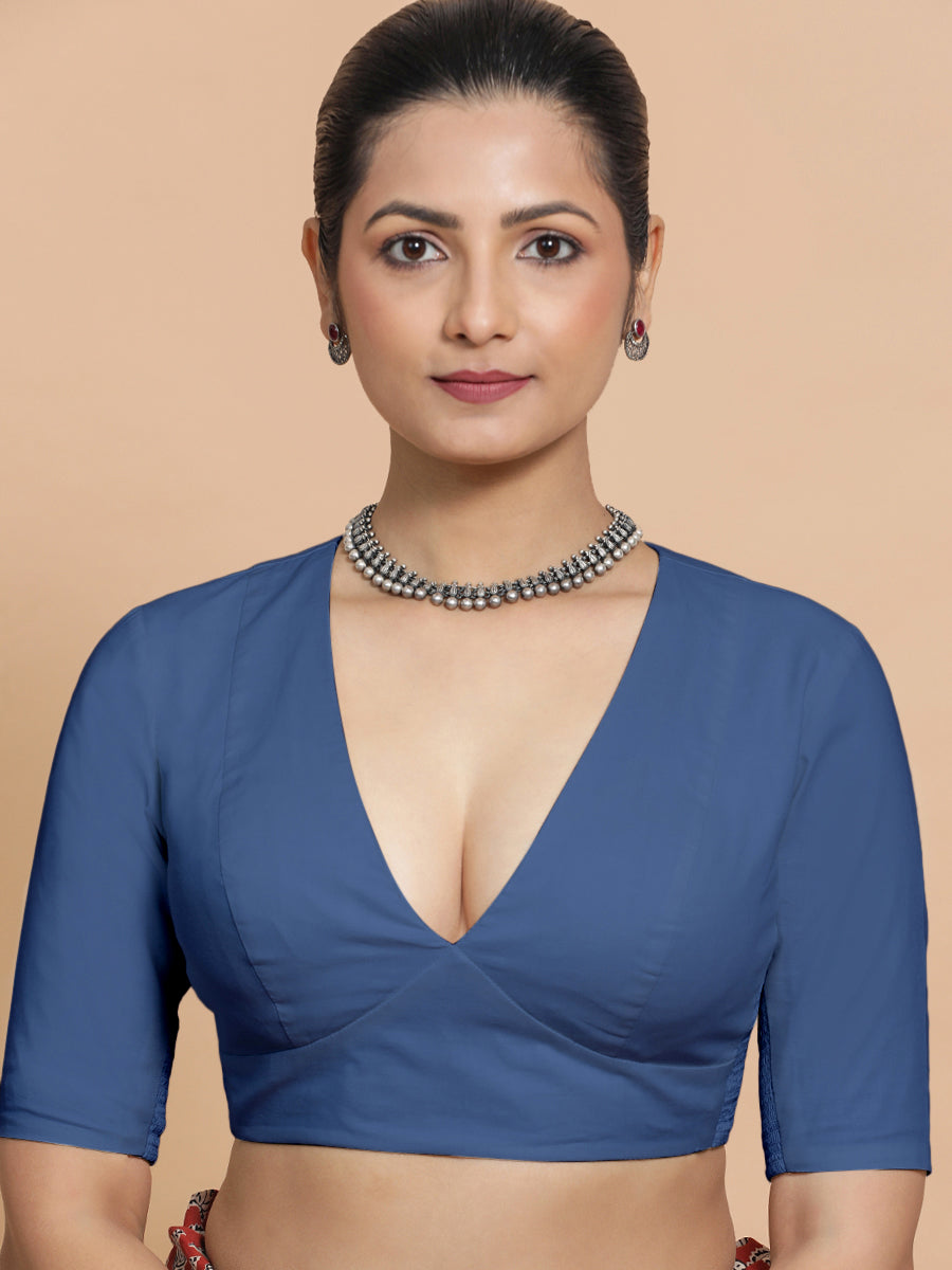 Riddhima x Rozaana Saree Blouse, in Blue 100% Cotton - Solid, featuring elbow sleeves and v-neckline, made for daily & work.