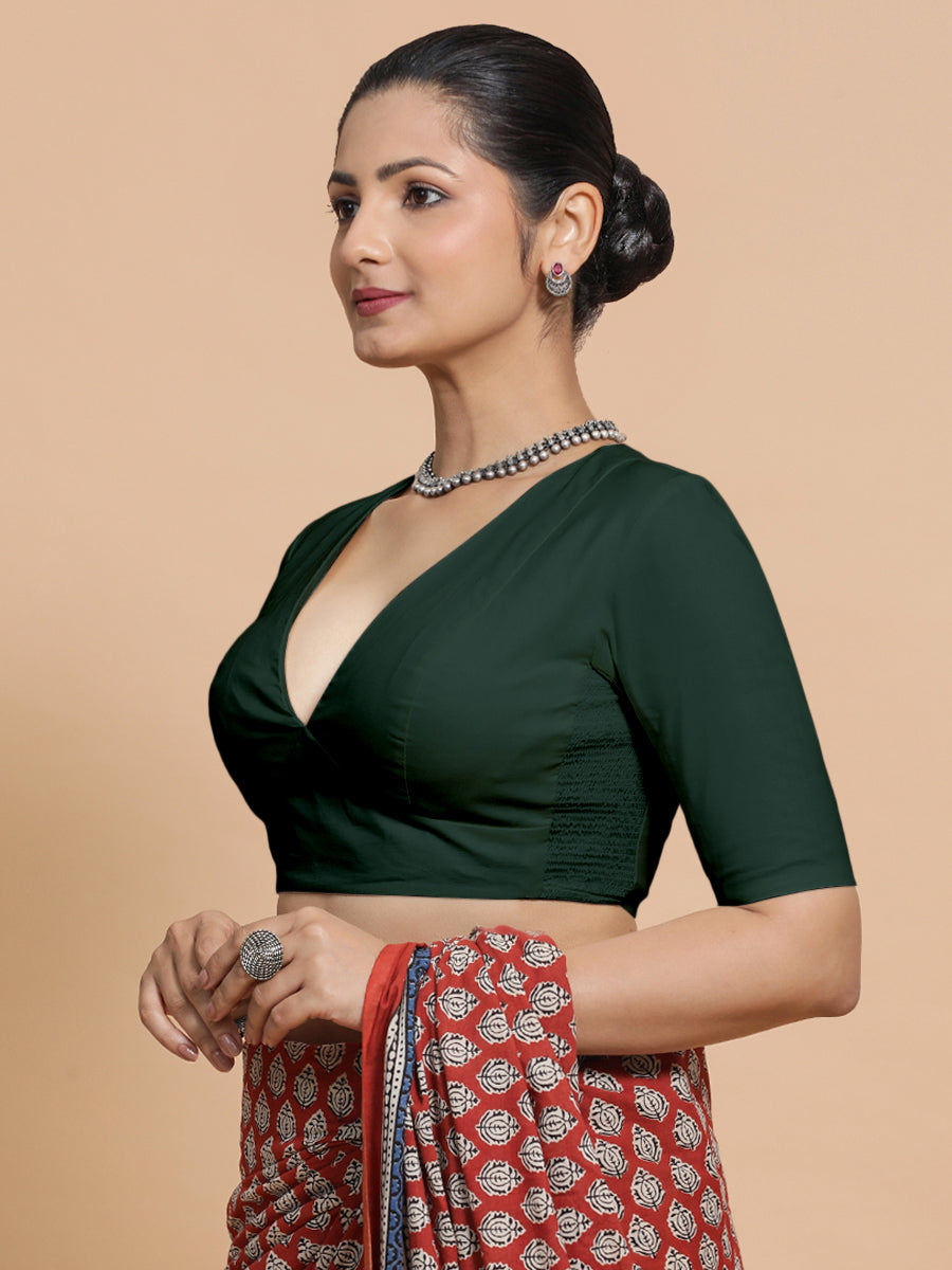 Riddhima x Rozaana | V-Neck Moss Green Plain Cotton Saree Blouse
