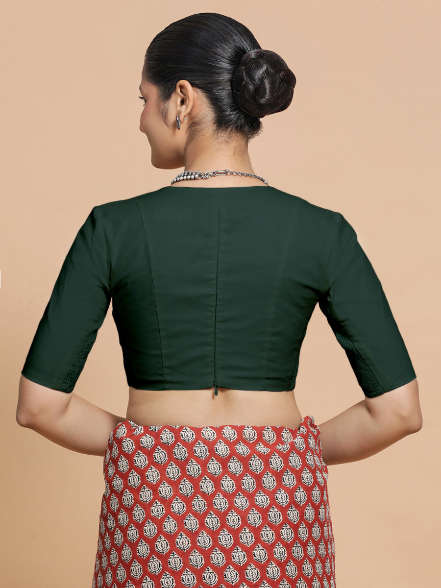 Riddhima x Rozaana Saree Blouse, in Green Cotton, featuring elbow sleeves and v-neckline, made for daily & work (view 2).