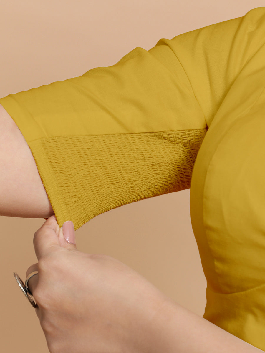 Riddhima x Rozaana Saree Blouse, in Yellow Cotton, featuring elbow sleeves and v-neckline, made for daily & work (view 4).