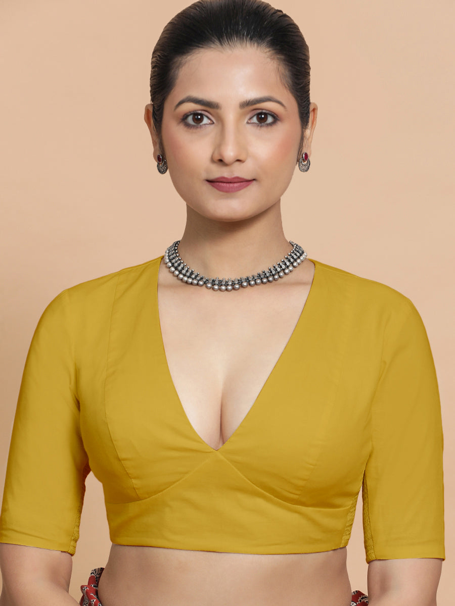 Riddhima x Rozaana Saree Blouse, in Yellow Cotton, featuring elbow sleeves and v-neckline, made for daily & work (view 6).