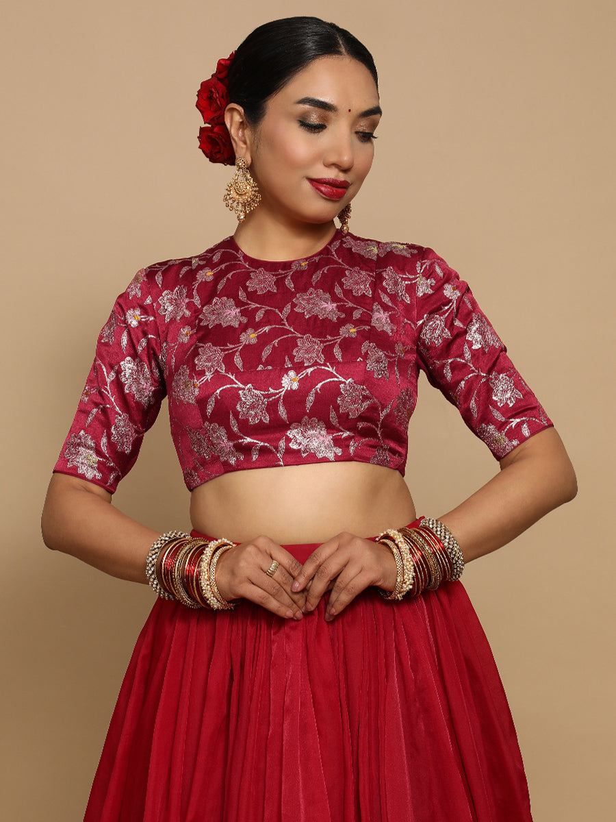 Ridhi x Tyohaar Saree Blouse, in Red Embroidery & Brocade, featuring elbow sleeves and jewel neckline.
