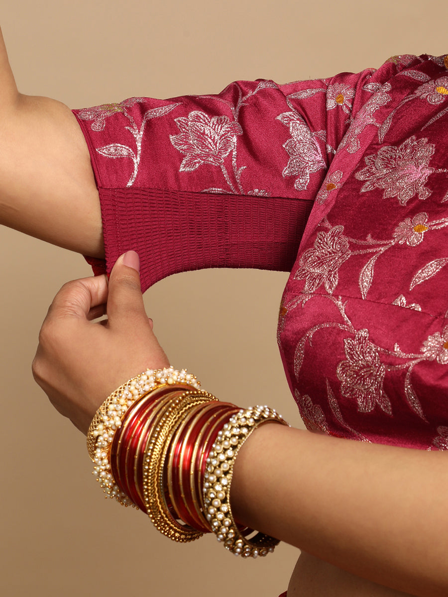 Ridhi x Tyohaar Saree Blouse, in Red Embroidery & Brocade, featuring elbow sleeves and jewel neckline (view 4).