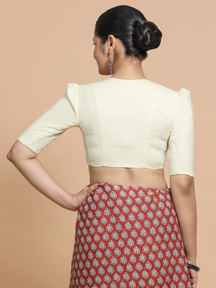 Rima x Rozaana Saree Blouse, in White Linen, featuring elbow sleeves and v-neckline, made for daily & work (view 2).
