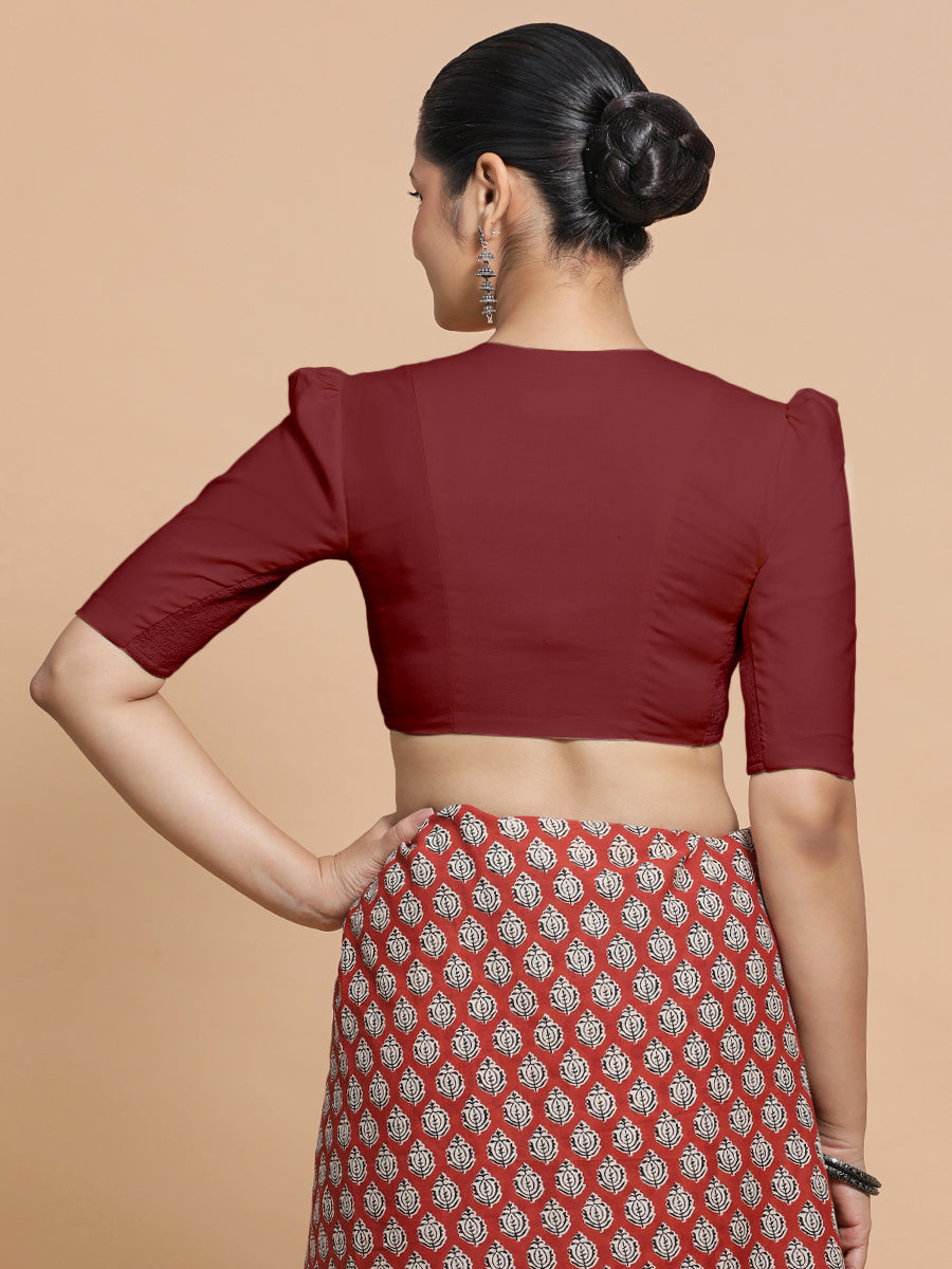 Rima x Rozaana Saree Blouse, in Red Linen, featuring elbow sleeves and v-neckline, made for daily & work (view 2).