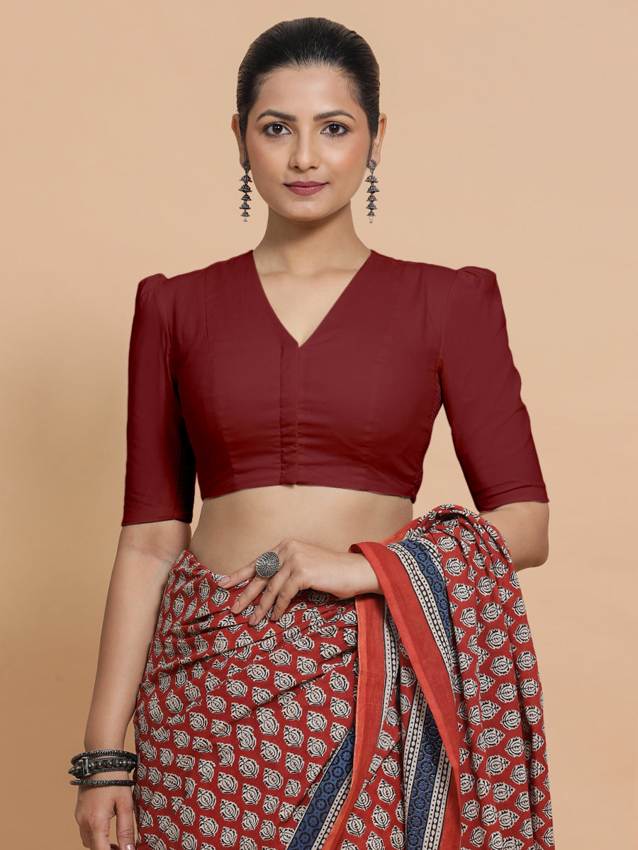 Rima x Rozaana Saree Blouse, in Red Linen, featuring elbow sleeves and v-neckline, made for daily & work (view 5).