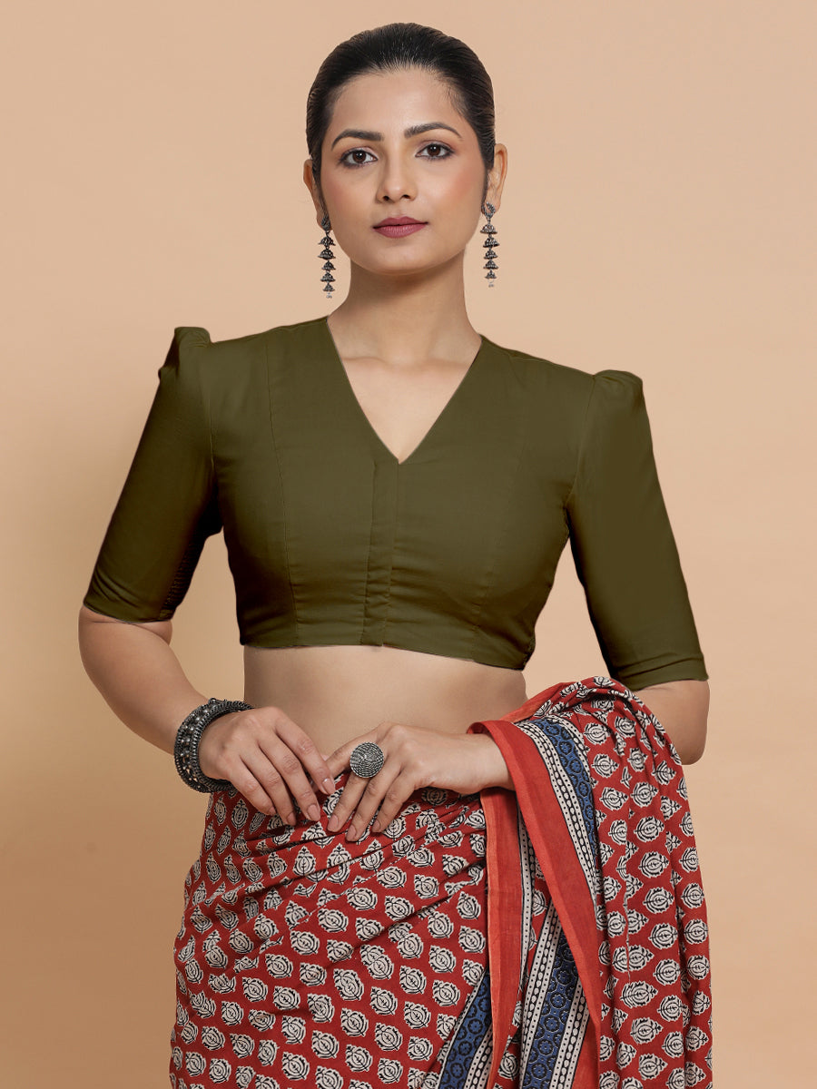 Rima x Rozaana Saree Blouse, in Green Linen, featuring elbow sleeves and v-neckline, made for daily & work (view 6).