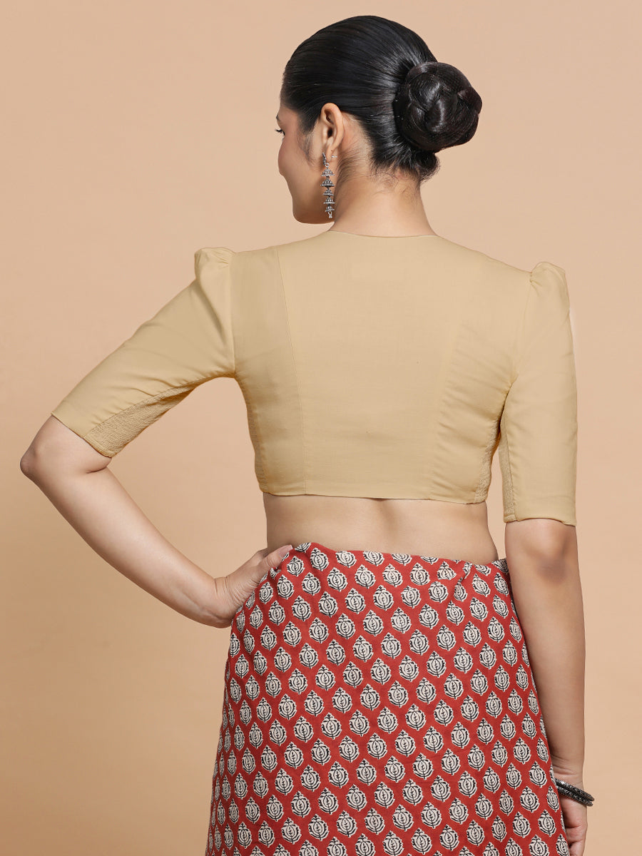 Rima x Rozaana Saree Blouse, in Beige Linen, featuring elbow sleeves and v-neckline, made for daily & work (view 2).